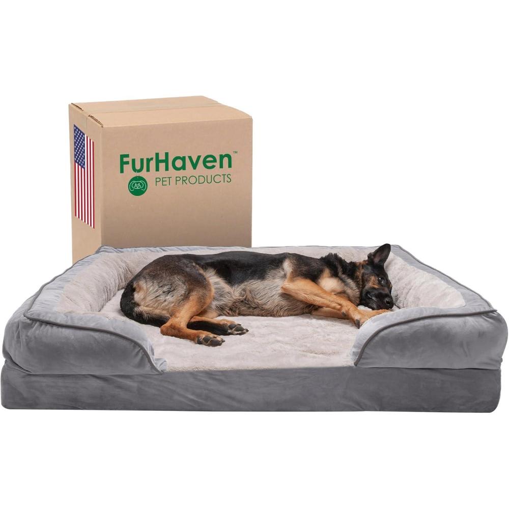 imageFurhaven Memory Foam Dog Bed for MediumSmall Dogs w Removable Bolsters ampamp Washable Cover For Dogs Up to 35 lbs  Plush ampamp Velvet Waves Perfect Comfort Sofa  Celadon Green MediumGranite Gray Plush  Velvet Waves