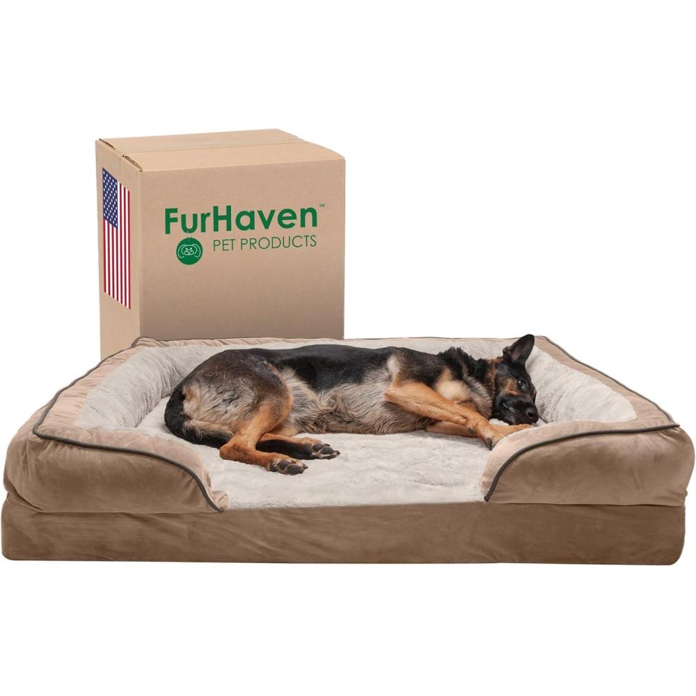 imageFurhaven Memory Foam Dog Bed for MediumSmall Dogs w Removable Bolsters ampamp Washable Cover For Dogs Up to 35 lbs  Plush ampamp Velvet Waves Perfect Comfort Sofa  Celadon Green MediumBrownstone Faux Fur  Velvet