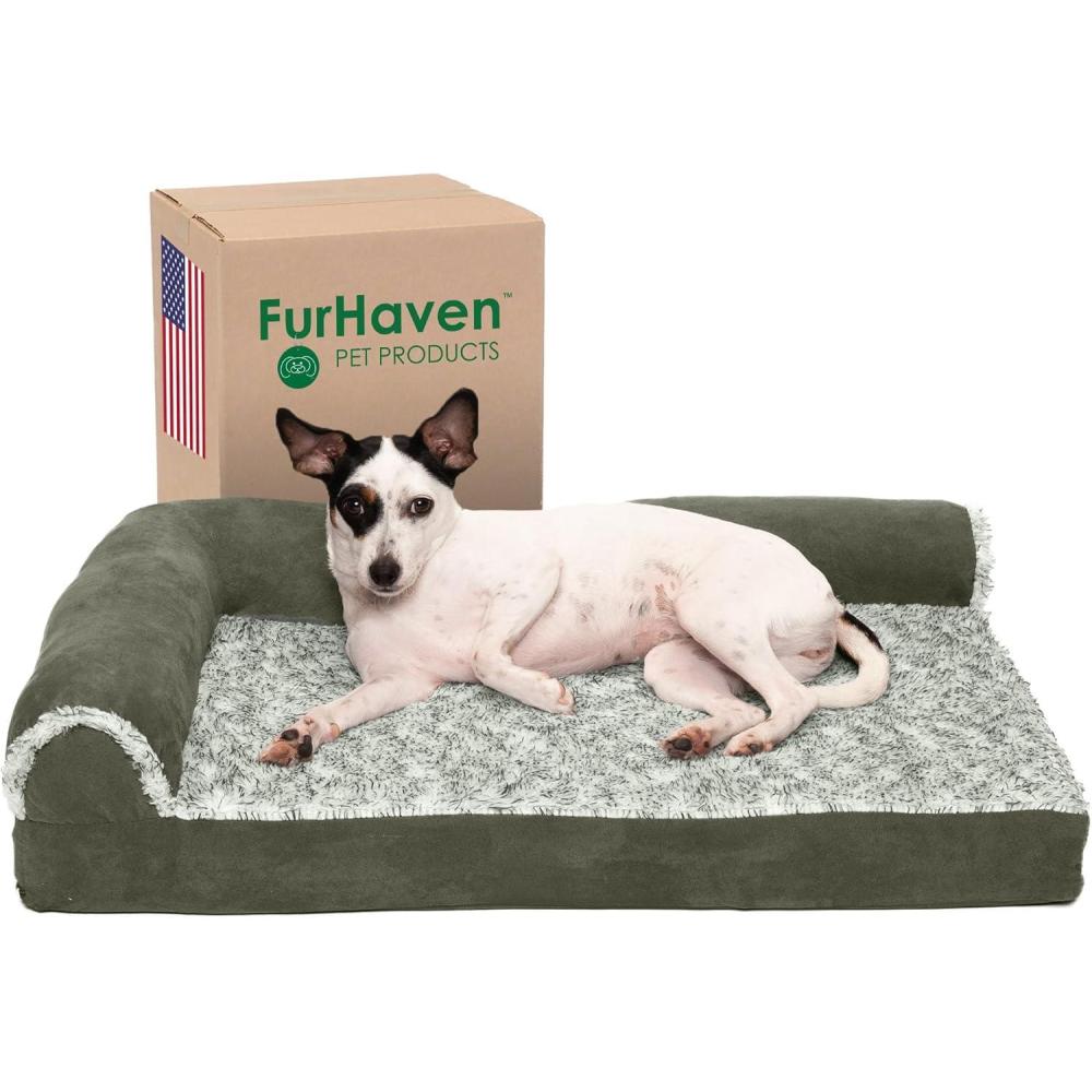 imageFurhaven Memory Foam Dog Bed for MediumSmall Dogs w Removable Bolsters ampamp Washable Cover For Dogs Up to 35 lbs TwoTone Plush Faux Fur ampamp Suede L Shaped Chaise Stone Gray MediumTwoTone Faux Fur Suede Dark Sage