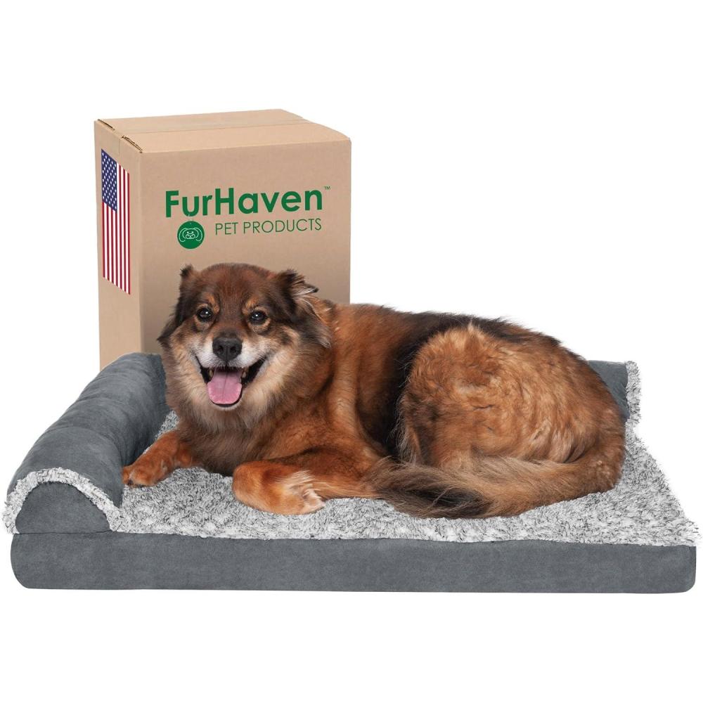imageFurhaven Memory Foam Dog Bed for MediumSmall Dogs w Removable Bolsters ampamp Washable Cover For Dogs Up to 35 lbs  TwoTone Plush Faux Fur ampamp Suede L Shaped Chaise  Stone Gray MediumTwoTone Faux Fur  Suede Stone Gray