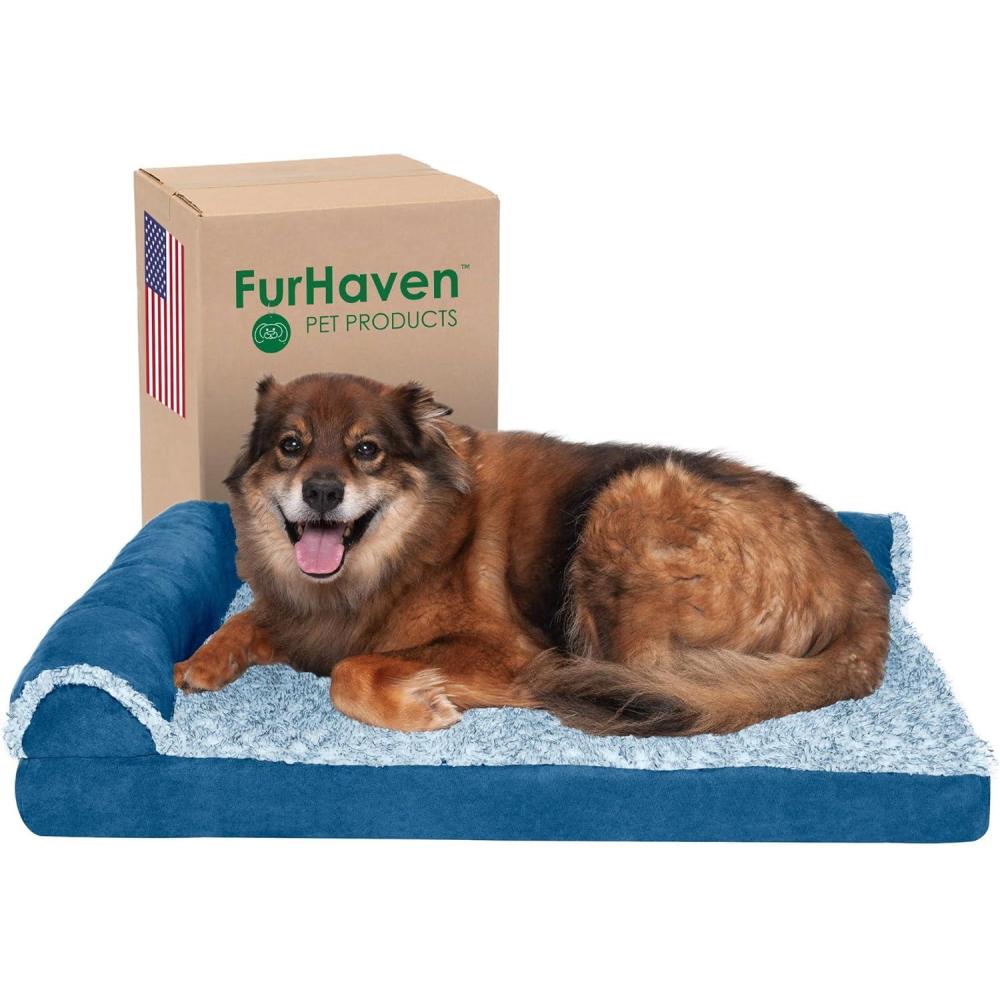 imageFurhaven Memory Foam Dog Bed for MediumSmall Dogs w Removable Bolsters ampamp Washable Cover For Dogs Up to 35 lbs TwoTone Plush Faux Fur ampamp Suede L Shaped Chaise Stone Gray MediumPlush Velvet Sable Brown