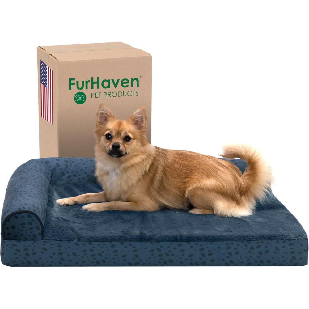 imageFurhaven Memory Foam Dog Bed for MediumSmall Dogs w Removable Bolsters ampamp Washable Cover For Dogs Up to 35 lbs TwoTone Plush Faux Fur ampamp Suede L Shaped Chaise Stone Gray MediumPlush Almond Print Blue Almonds