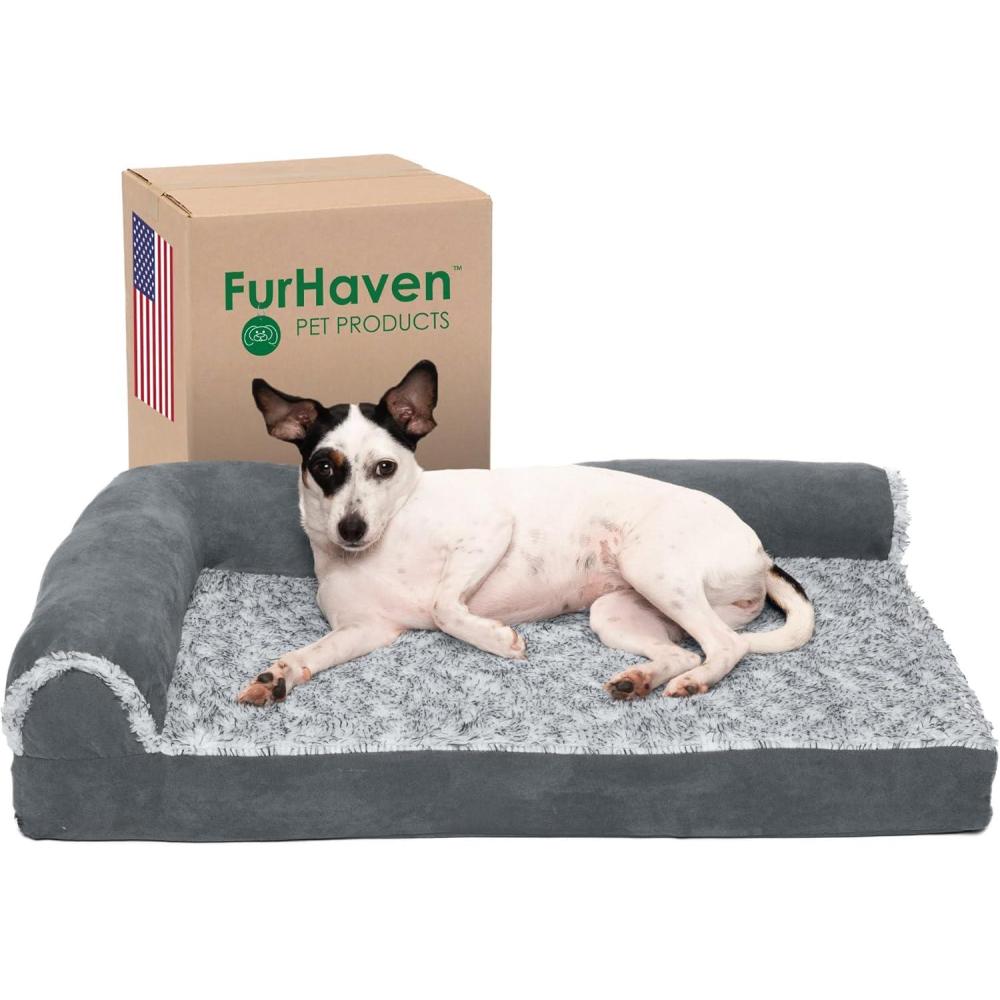 imageFurhaven Memory Foam Dog Bed for MediumSmall Dogs w Removable Bolsters ampamp Washable Cover For Dogs Up to 35 lbs TwoTone Plush Faux Fur ampamp Suede L Shaped Chaise Stone Gray MediumTwoTone Faux Fur Suede Espresso