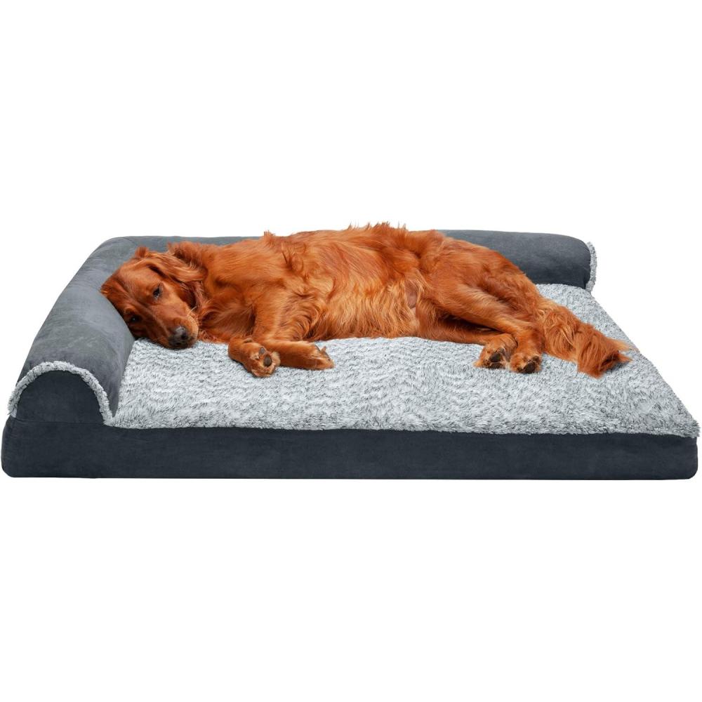 imageFurhaven Memory Foam Dog Bed for MediumSmall Dogs w Removable Bolsters ampamp Washable Cover For Dogs Up to 35 lbs TwoTone Plush Faux Fur ampamp Suede L Shaped Chaise Stone Gray MediumQuilted Paw Bluestone