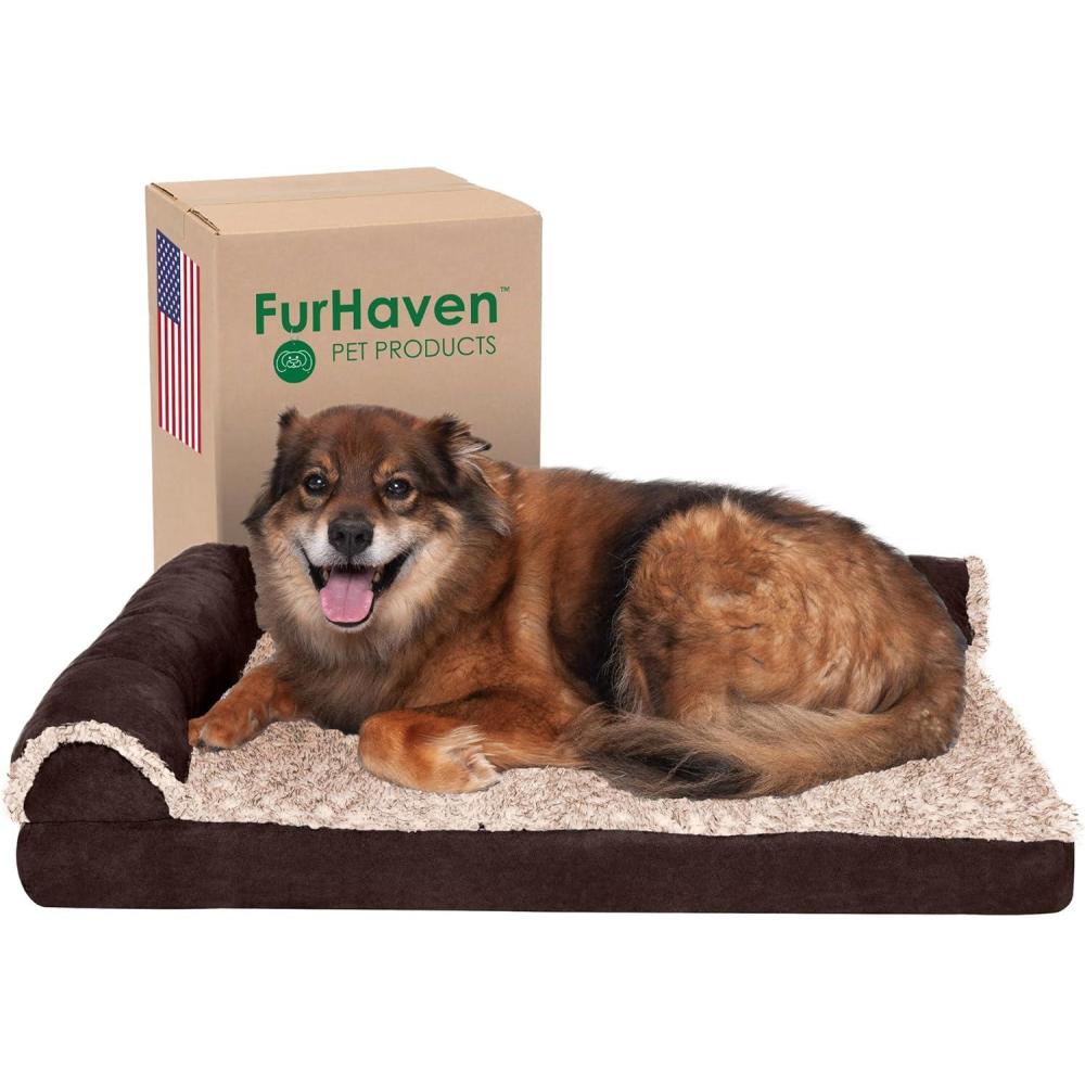 imageFurhaven Memory Foam Dog Bed for MediumSmall Dogs w Removable Bolsters ampamp Washable Cover For Dogs Up to 35 lbs TwoTone Plush Faux Fur ampamp Suede L Shaped Chaise Stone Gray MediumPlush Velvet Platinum Gray