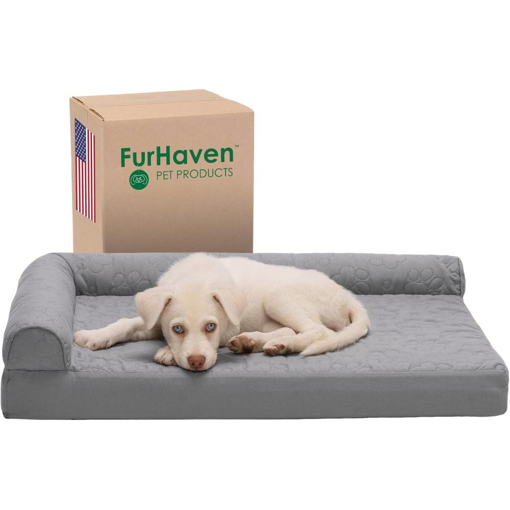 imageFurhaven Memory Foam Dog Bed for MediumSmall Dogs w Removable Bolsters ampamp Washable Cover For Dogs Up to 35 lbs TwoTone Plush Faux Fur ampamp Suede L Shaped Chaise Stone Gray MediumQuilted Paw Titanium