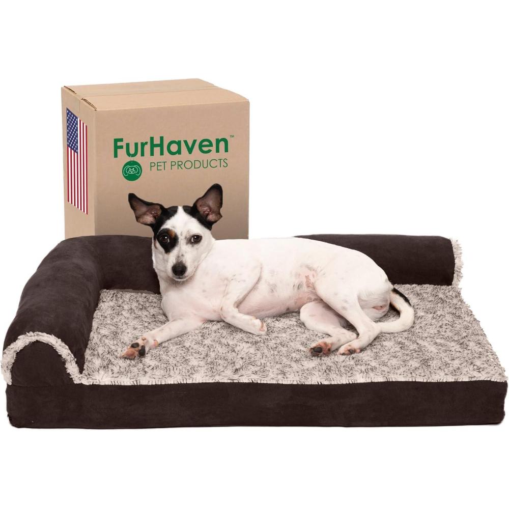 imageFurhaven Memory Foam Dog Bed for MediumSmall Dogs w Removable Bolsters ampamp Washable Cover For Dogs Up to 35 lbs TwoTone Plush Faux Fur ampamp Suede L Shaped Chaise Stone Gray MediumPlush Velvet Deep Sapphire