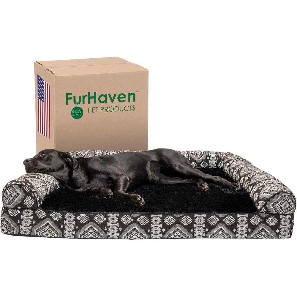 imageFurhaven Orthopedic Dog Bed for Large Dogs w Removable Bolsters ampamp Washable Cover For Dogs Up to 125 lbs  Plush ampamp Southwest Kilim Woven Decor Sofa  Black Medallion Jumbo PlusXXL