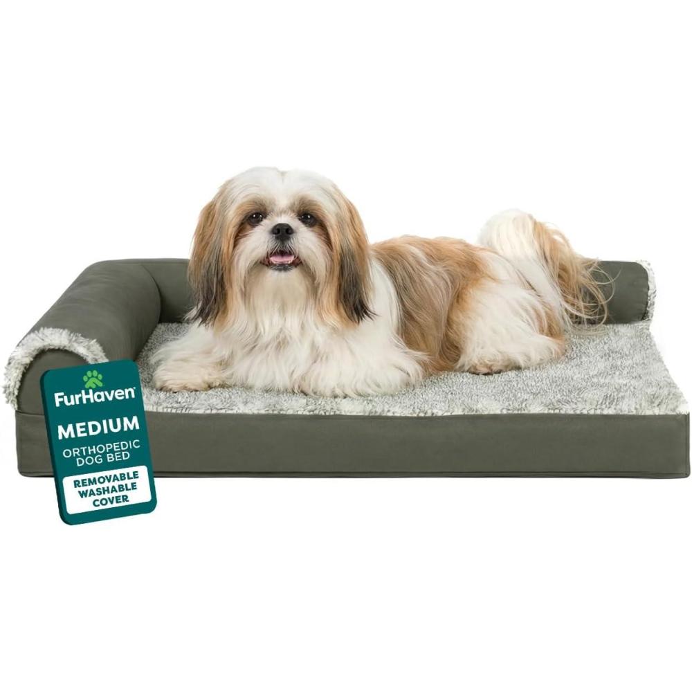 imageFurhaven Orthopedic Dog Bed for Large Dogs w Removable Bolsters ampamp Washable Cover For Dogs Up to 125 lbs Plush ampamp Velvet L Shaped Chaise Platinum Gray Jumbo PlusXXLDark Sage