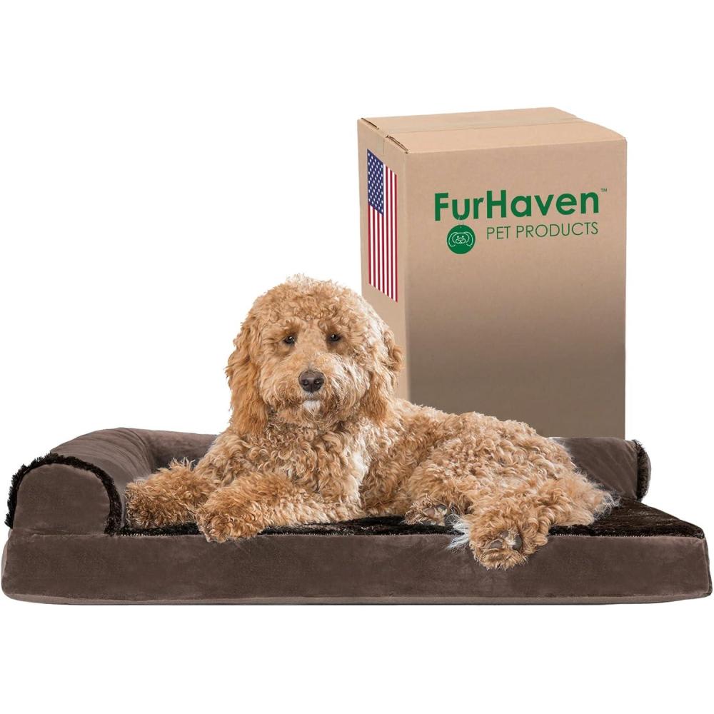 imageFurhaven Orthopedic Dog Bed for Large Dogs w Removable Bolsters ampamp Washable Cover For Dogs Up to 125 lbs Plush ampamp Velvet L Shaped Chaise Platinum Gray Jumbo PlusXXLSable Brown