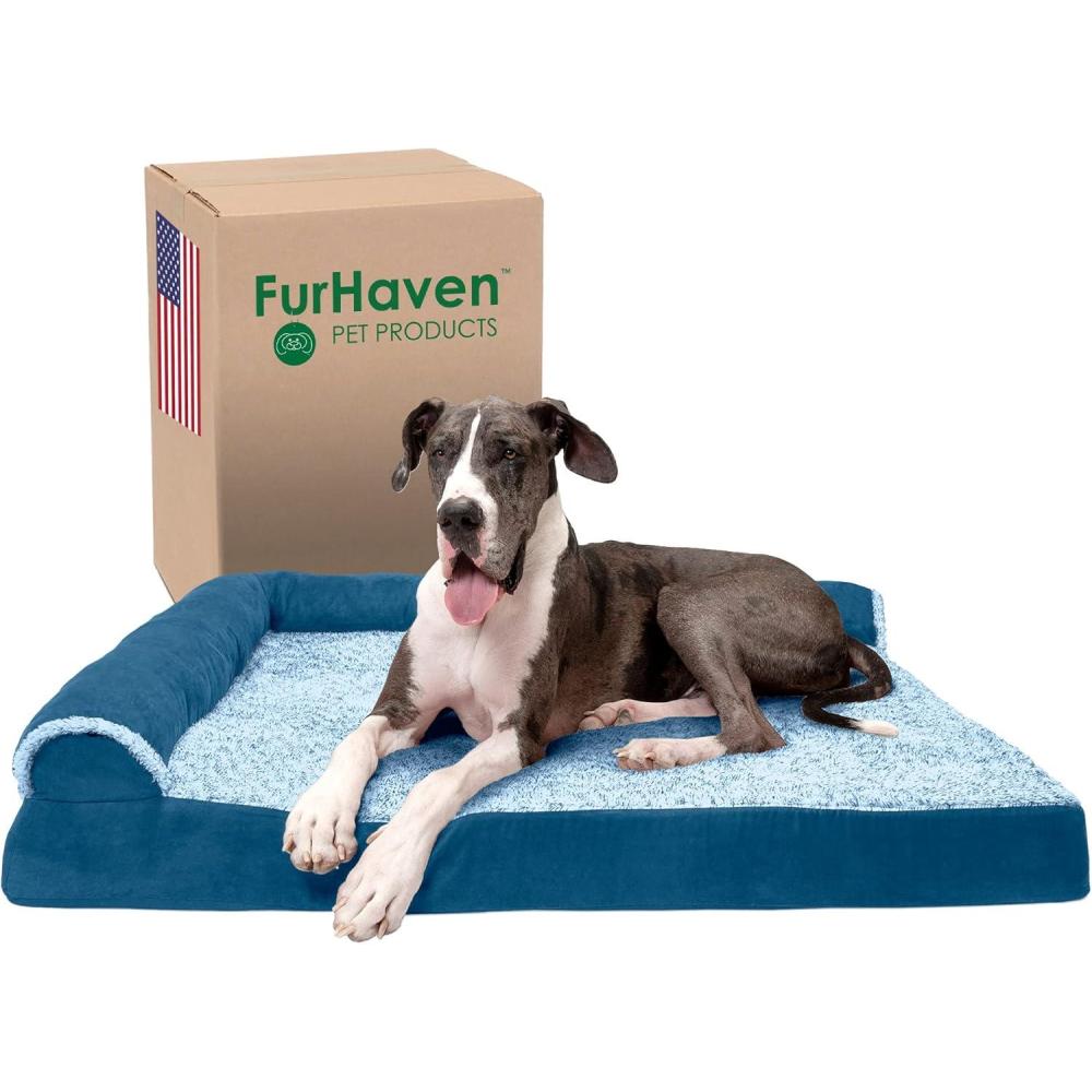 imageFurhaven Orthopedic Dog Bed for Large Dogs w Removable Bolsters ampamp Washable Cover For Dogs Up to 125 lbs TwoTone Plush Faux Fur ampamp Suede L Shaped Chaise Marine Blue Jumbo PlusXXLMarine Blue