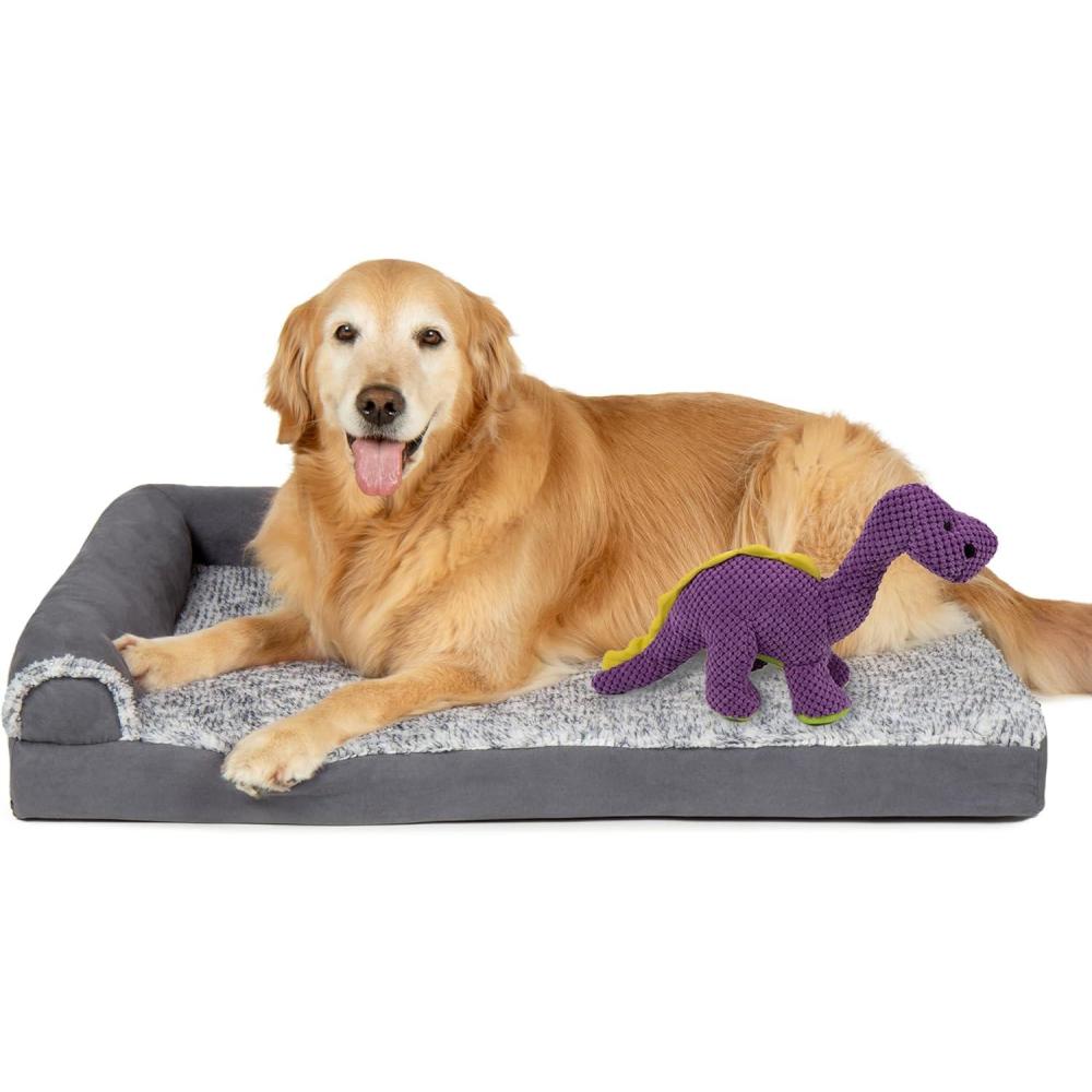 imageFurhaven Orthopedic Dog Bed for Large Dogs w Removable Bolsters ampamp Washable Cover For Dogs Up to 95 lbs Plush ampamp Velvet L Shaped Chaise Sable Brown JumboXLDino Toy Stone Gray