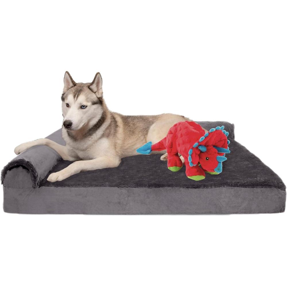 imageFurhaven Orthopedic Dog Bed for Large Dogs w Removable Bolsters ampamp Washable Cover For Dogs Up to 95 lbs Plush ampamp Velvet L Shaped Chaise Sable Brown JumboXLDino Toy Platinum Gray