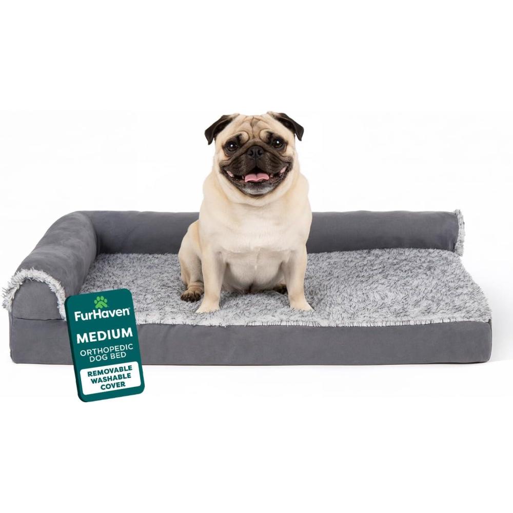 imageFurhaven Orthopedic Dog Bed for Large Dogs w Removable Bolsters ampamp Washable Cover For Dogs Up to 95 lbs Plush ampamp Velvet L Shaped Chaise Sable Brown JumboXLStone Gray