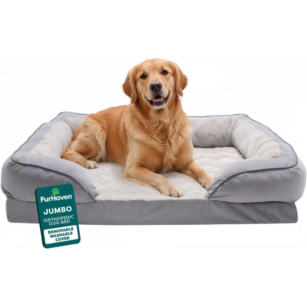 imageFurhaven Orthopedic Dog Bed for Large Dogs w Removable Bolsters ampamp Washable Cover For Dogs Up to 95 lbs  Plush ampamp Velvet Waves Perfect Comfort Sofa  Granite Gray JumboXL