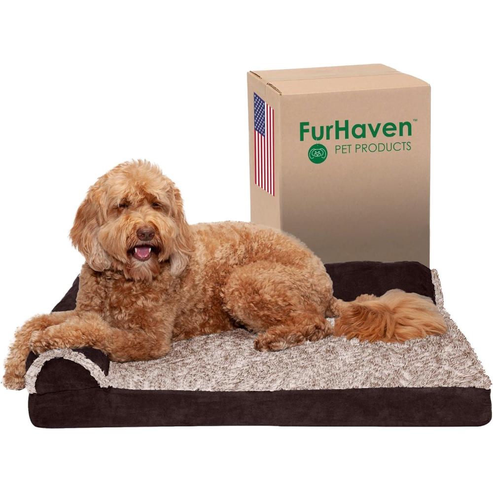 imageFurhaven Orthopedic Dog Bed for LargeMedium Dogs w Removable Bolsters ampamp Washable Cover For Dogs Up to 55 lbs TwoTone Plush Faux Fur ampamp Suede L Shaped Chaise Espresso Large