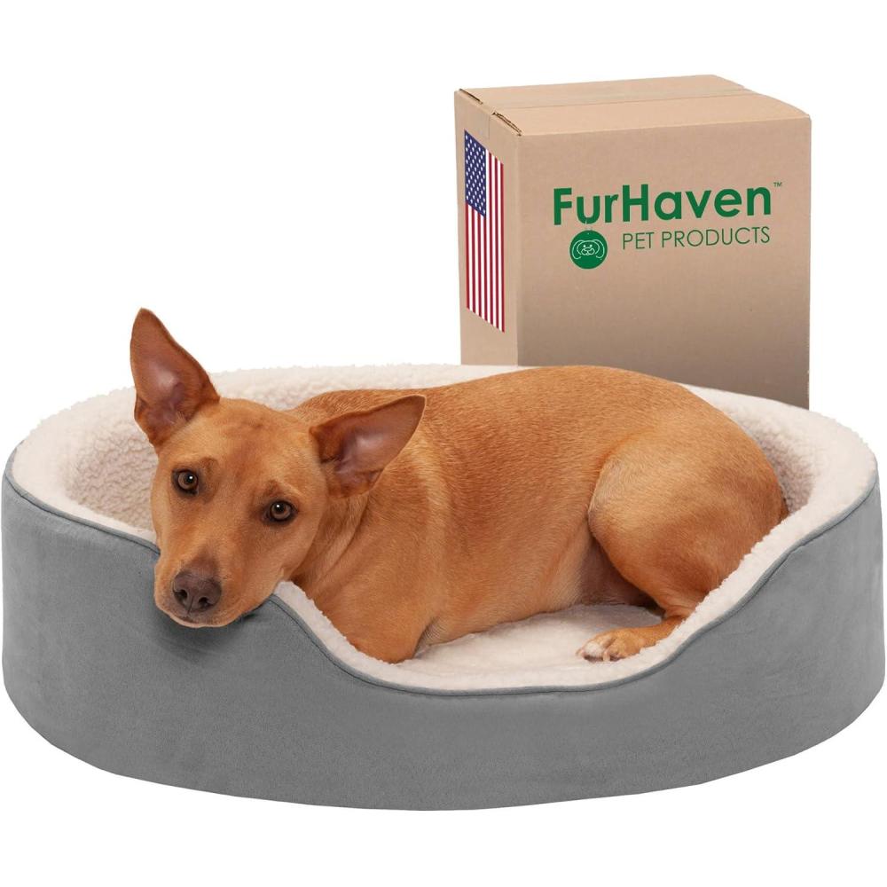 imageFurhaven Orthopedic Dog Bed for LargeMedium Dogs w Removable Washable Cover For Dogs Up to 30 lbs  Sherpa ampamp Suede Oval Lounger  Gray Large