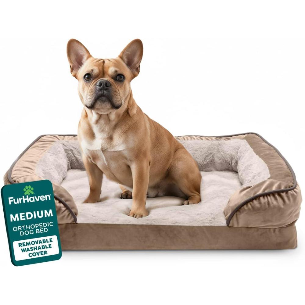 imageFurhaven Orthopedic Dog Bed for MediumSmall Dogs w Removable Bolsters ampamp Washable Cover For Dogs Up to 35 lbs Plush ampamp Velvet Waves Perfect Comfort Sofa Granite Gray MediumBrownstone