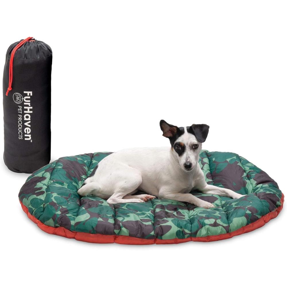 imageFurhaven Outdoor Travel Dog Bed for Small Dogs w Carry Bag Washable ampamp Foldable Great for Crates ampamp Kennels Trail Pup Travel Pillow Mat w Stuff Sack Bag PaprikaCamoPaw Small