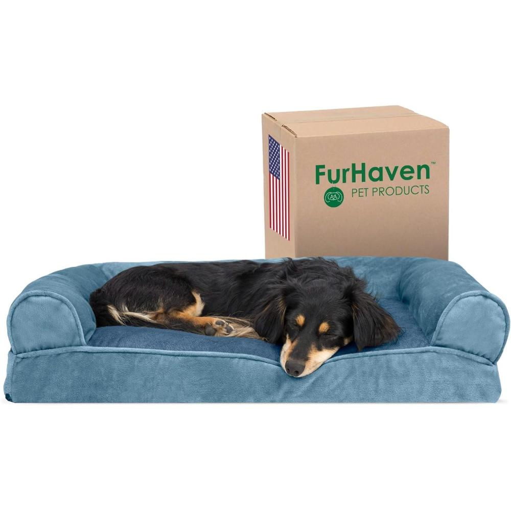 imageFurhaven Pillow Dog Bed for Large Dogs w Removable Bolsters ampamp Washable Cover Faux Fur ampamp Velvet Sofa Dark Sage JumboXLSofa Faux Fur Velvet Harbor Blue