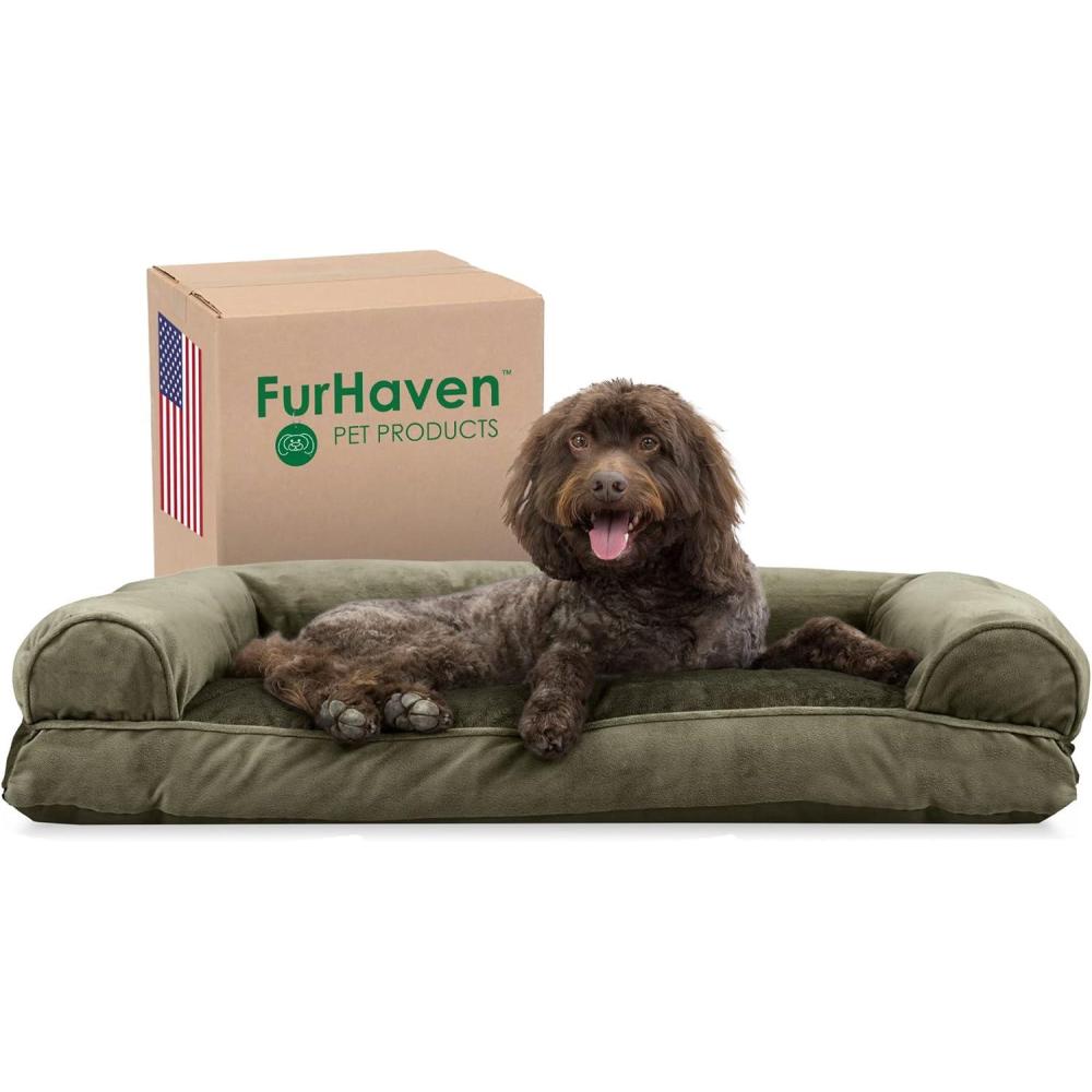imageFurhaven Pillow Dog Bed for LargeMedium Dogs w Removable Bolsters ampamp Washable Cover  Faux Fur ampamp Velvet Sofa  Dark Sage Large