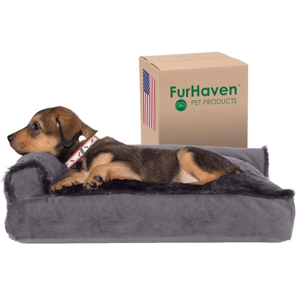 imageFurhaven Pillow Dog Bed for LargeMedium Dogs w Removable Bolsters ampamp Washable Cover  Plush ampamp Velvet L Shaped Chaise  Platinum Gray LargeVelvet Platinum Gray
