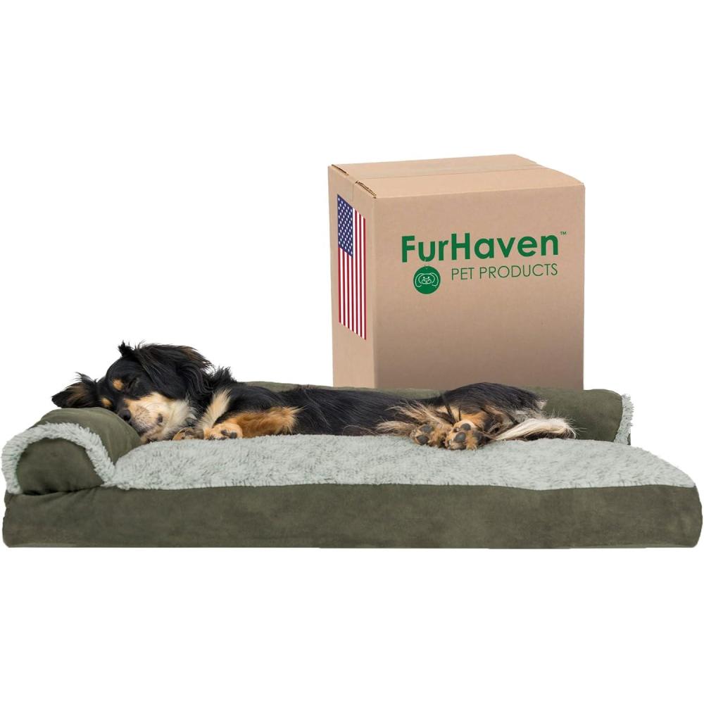 imageFurhaven Pillow Dog Bed for MediumSmall Dogs w Removable Bolsters ampamp Washable Cover TwoTone Plush Faux Fur ampamp Suede L Shaped Chaise Dark Sage MediumDark Sage