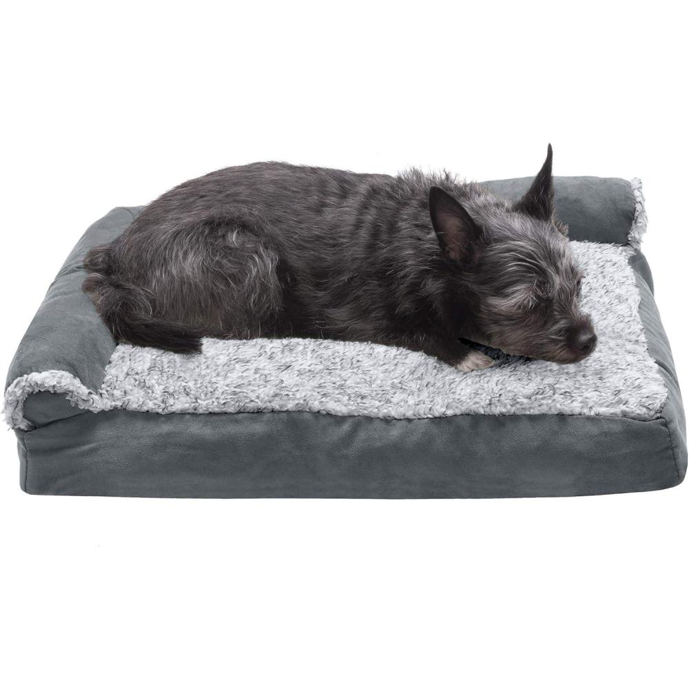 imageFurhaven Pillow Dog Bed for MediumSmall Dogs w Removable Bolsters ampamp Washable Cover  TwoTone Plush Faux Fur ampamp Suede L Shaped Chaise  Dark Sage MediumStone Gray