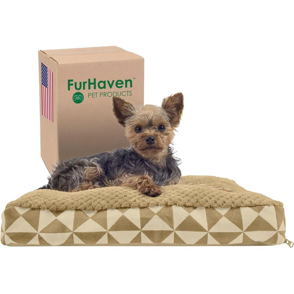 imageFurhaven Pillow Dog Bed for MediumSmall Dogs w Removable Washable Cover Ultra Plush Faux Fur ampamp Suede Mattress Cream MediumKilim Pyramid Latte