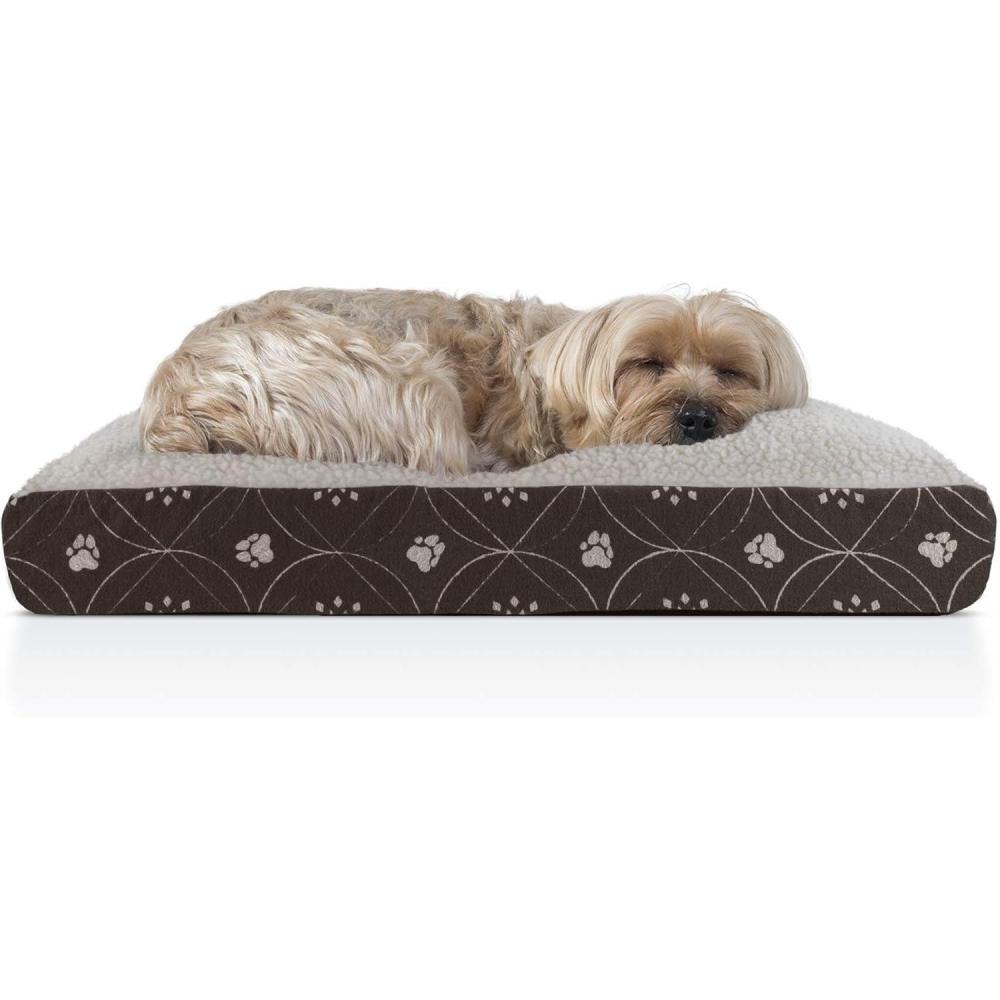 imageFurhaven Pillow Dog Bed for MediumSmall Dogs w Removable Washable Cover Ultra Plush Faux Fur ampamp Suede Mattress Cream MediumPaw Print Dark Espresso