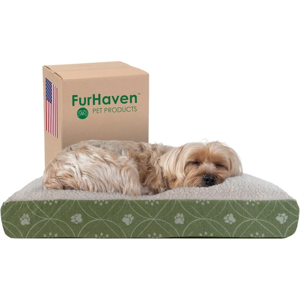 imageFurhaven Pillow Dog Bed for MediumSmall Dogs w Removable Washable Cover Ultra Plush Faux Fur ampamp Suede Mattress Cream MediumPaw Print Jade Green