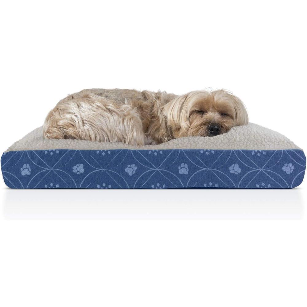 imageFurhaven Pillow Dog Bed for MediumSmall Dogs w Removable Washable Cover Ultra Plush Faux Fur ampamp Suede Mattress Cream MediumPaw Print Twilight Blue