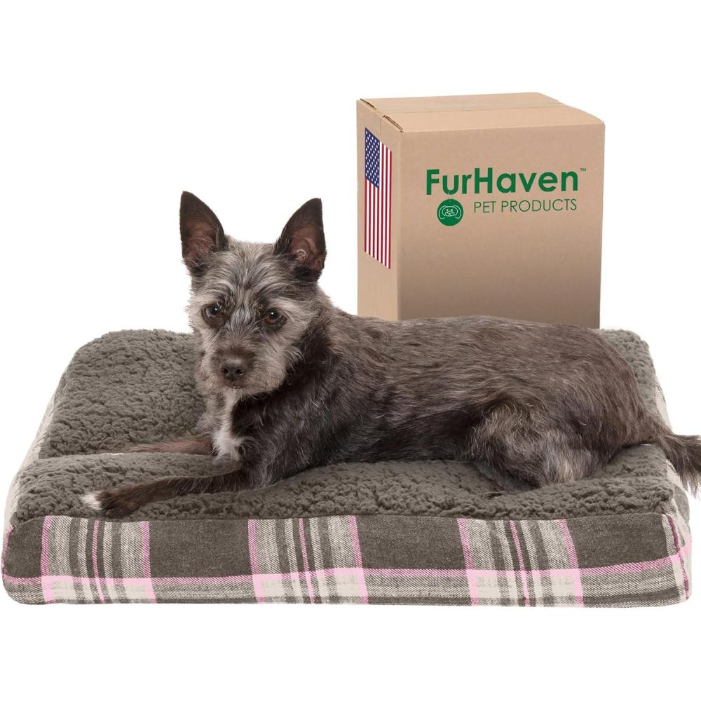 imageFurhaven Pillow Dog Bed for MediumSmall Dogs w Removable Washable Cover Ultra Plush Faux Fur ampamp Suede Mattress Cream MediumPlaid Java Brown