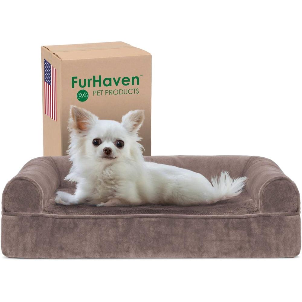 imageFurhaven Replacement Dog Bed Cover Sherpa ampamp Chenille SofaStyle Machine Washable Coffee MediumFaux Fur Velvet Driftwood Brown