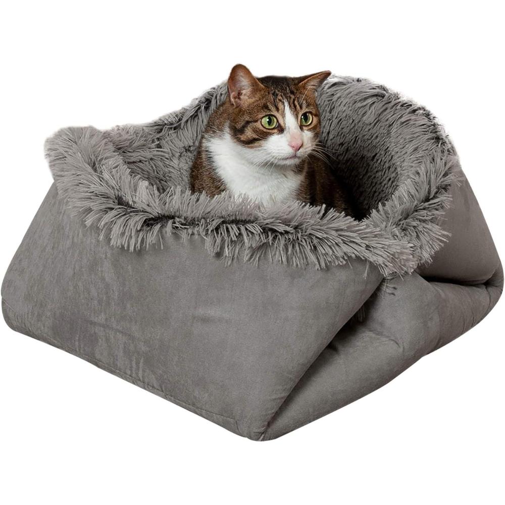 imageFurhaven SelfWarming Cat Bed for Indoor Cats 4Bedsin1 ampamp Washable  Plush Long Faux Fur Convertible Cuddler  Gray Large 355quotL x 300quotW x 05quotTh