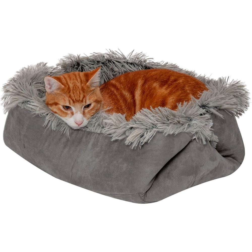 imageFurhaven SelfWarming Cat Bed for Indoor Cats 4Bedsin1 ampamp Washable  Plush Long Faux Fur Convertible Cuddler  Gray SmallSmall
