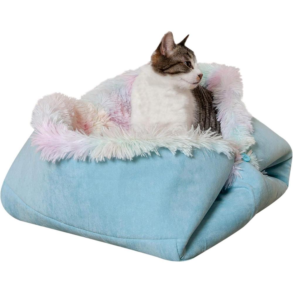 imageFurhaven SelfWarming Cat Bed for Indoor Cats 4Bedsin1 ampamp Washable  Plush Long Faux Fur Convertible Cuddler  Rainbow Large