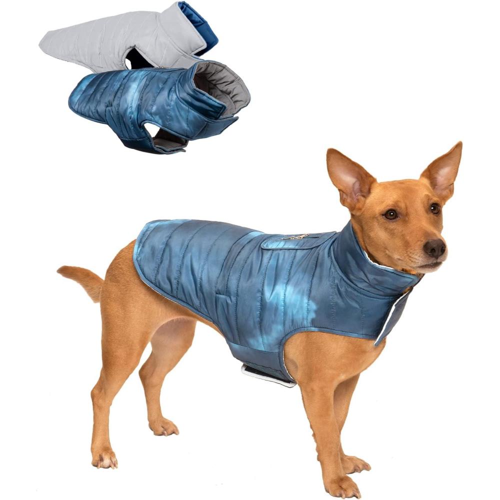 imageFurhaven WaterRepellent ampamp Reversible Small Dog Coat Washable ampamp Reflective w Leash Access Pocket ampamp CarryOn Purse Puffer Dog Jacket Blue Watercolor Small