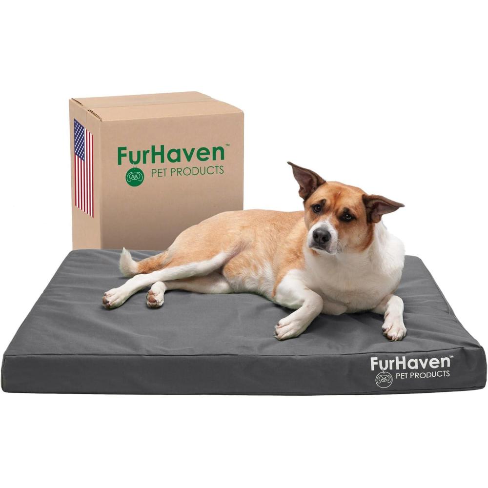 imageFurhaven WaterResistant Cooling Gel Dog Bed for LargeMedium Dogs w Removable Washable Cover For Dogs Up to 55 lbs  IndoorOutdoor Logo Print Oxford Polycanvas Mattress  Stone Gray Large