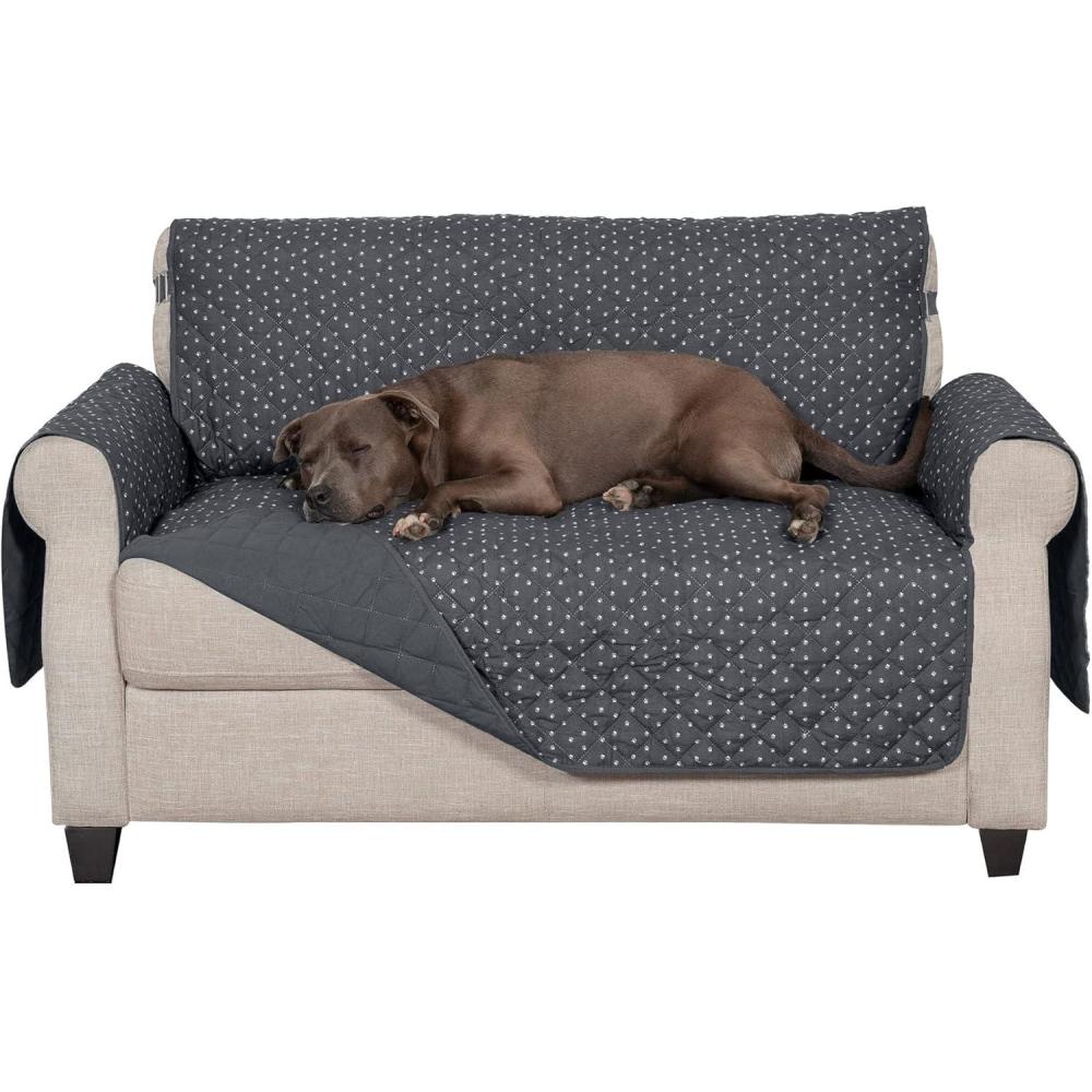 imageFurhaven WaterResistant ampamp Reversible Loveseat Cover Protector for Dogs Cats ampamp Children  Quilted Polka Paw Living Room Furniture Cover  Gray Brown Loveseat