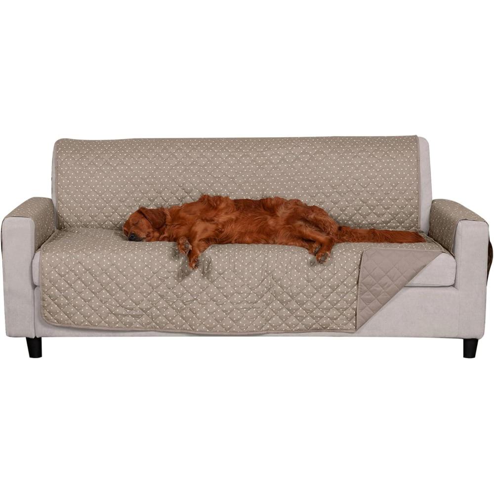 imageFurhaven WaterResistant ampamp Reversible SofaCouch Cover Protector for Dogs Cats ampamp Children Quilted Polka Paw Living Room Furniture Cover Biscuit Brown Sofa