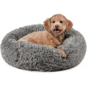 FurHaven 45″ Calming Donut Dog Bed for Large Dogs, Round Plush Donut Design with Soft Filling for Snuggling Comfort, Removable Washable Cover, Jumbo XL, Shaggy Faux Fur, Gray(Gray)