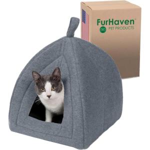 FurHaven Cat Bed Cave for Indoor Cats & Small Dogs, Washable & Foldable Pet Tent with Removable Cushion, Small, Polar Fleece, Heather Gray