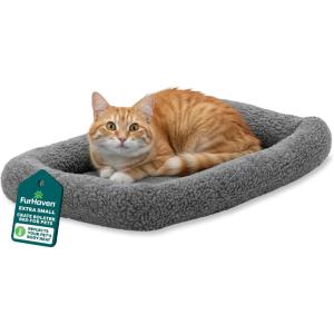 FurHaven Dog Bed for Extra Small Dogs & Cats, Bolster Crate Pad with Soft Supportive Base for Carriers & Kennels, Machine Washable, Extra Small, Sherpa Fleece, Gray(Small)