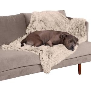 FurHaven Waterproof Throw Blanket For Dogs & Indoor Cats, Reversible Protective Pet Blanket, Extra Large, Long Faux Fur & Velvet, Taupe(Large)