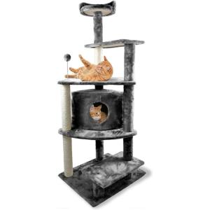 Furhaven 15.75″ Tall Playground for Indoor Cats, Ft. Sisal Scratching Posts, Self-Grooming Brush, & Toy – Tiger Tough Hammock Interactive Playground – Silver, One Size(Platform House Playground (Gray))