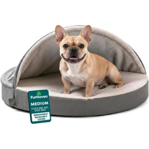 Furhaven 26″ Round Cooling Gel Dog Bed for Medium/Small Dogs w/ Removable Washable Cover, For Dogs Up to 30 lbs – Sherpa & Suede Snuggery – Espresso, 26-inch(Faux Lambswool & Suede Gray)