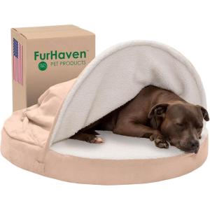 Furhaven 26″ Round Cooling Gel Dog Bed for Medium/Small Dogs w/ Removable Washable Cover, For Dogs Up to 30 lbs – Sherpa & Suede Snuggery – Espresso, 26-inch(Faux Lambswool & Suede Cream)
