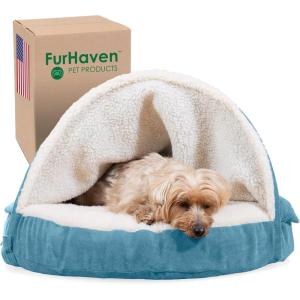 Furhaven 26″ Round Memory Foam Dog Bed for Medium/Small Dogs w/ Removable Washable Cover, For Dogs Up to 30 lbs – Sherpa & Suede Snuggery – Blue, 26-inch