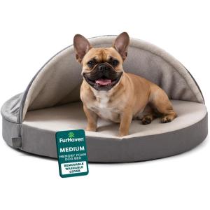 Furhaven 26″ Round Memory Foam Dog Bed for Medium/Small Dogs w/ Removable Washable Cover, For Dogs Up to 30 lbs – Sherpa & Suede Snuggery – Espresso, 26-inch(Faux Lambswool & Suede Gray)